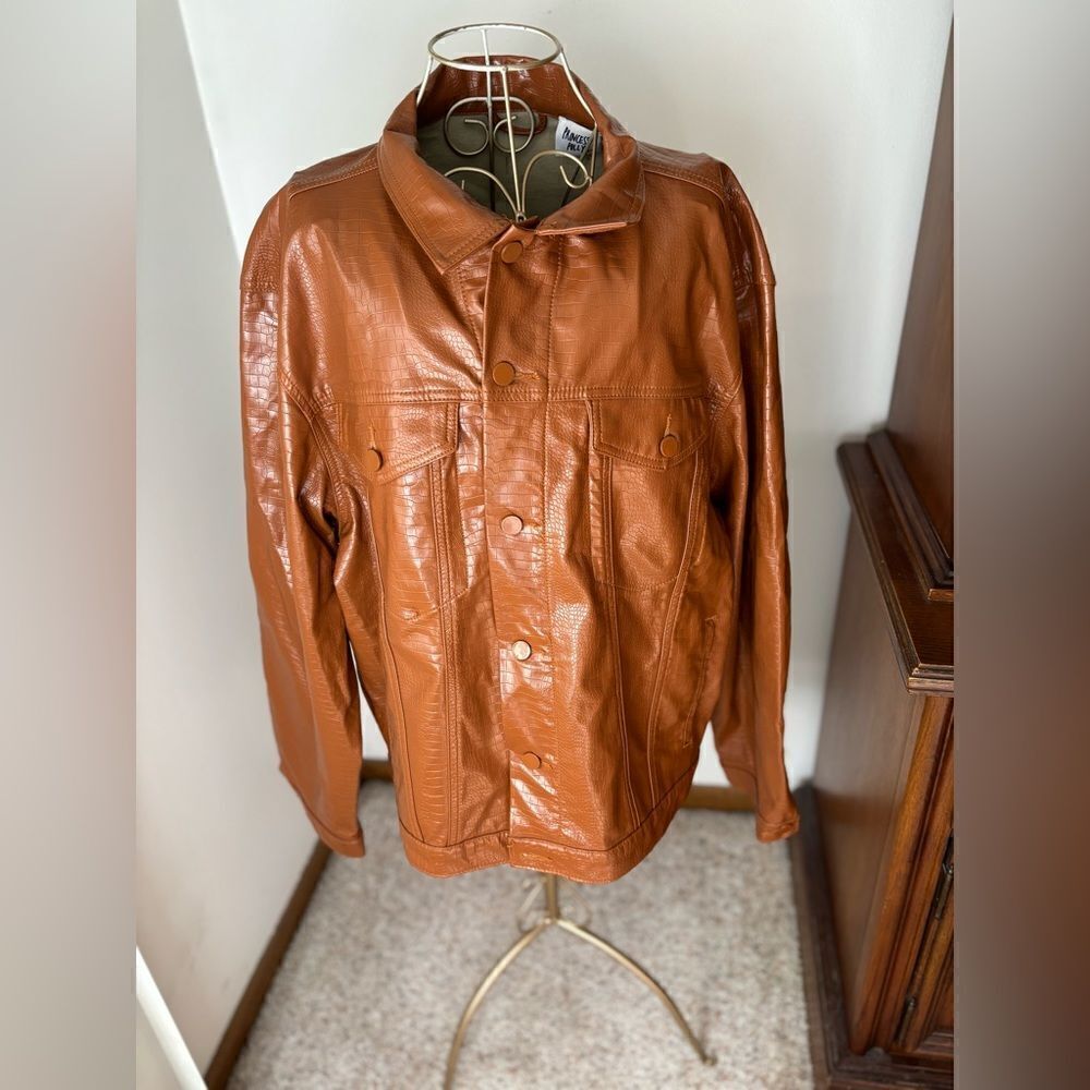 Princess Polly Croc Embossed Faux Leather Shirt Jacket Size L/XL Tan
